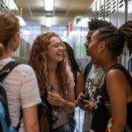 teens talking by school lockers