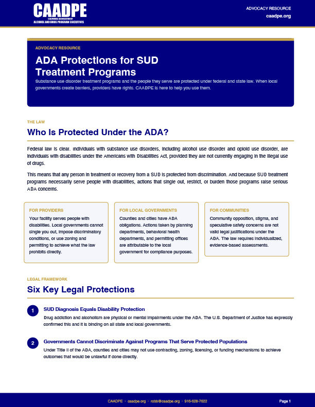 ADA Protections for SUD Treatment Programs – CAADPE (cover page)